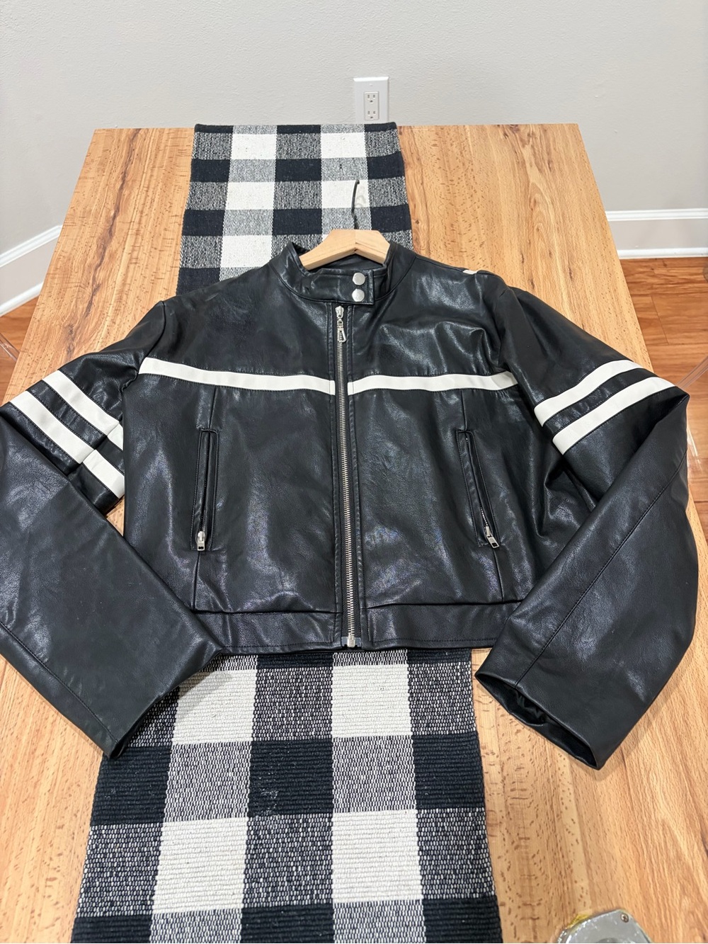 Black Faux Leather Jacket with White Racing Stripes - semi cropped